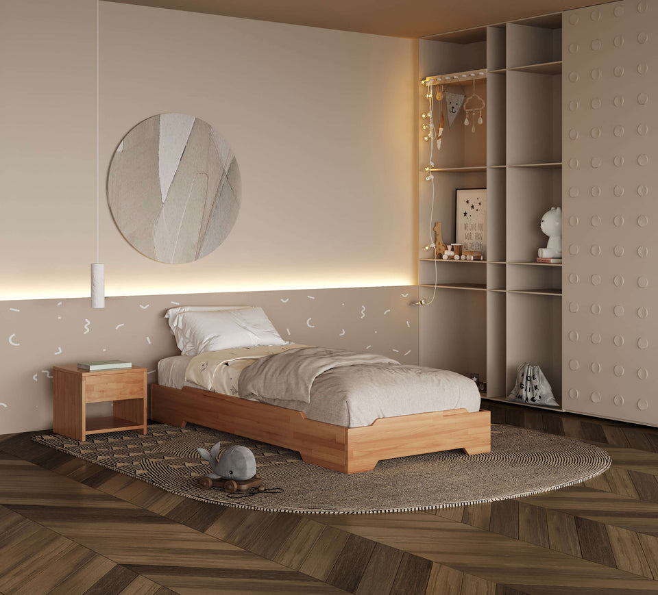 Emily stackable solid beech bed in modern bedroom with bedside table