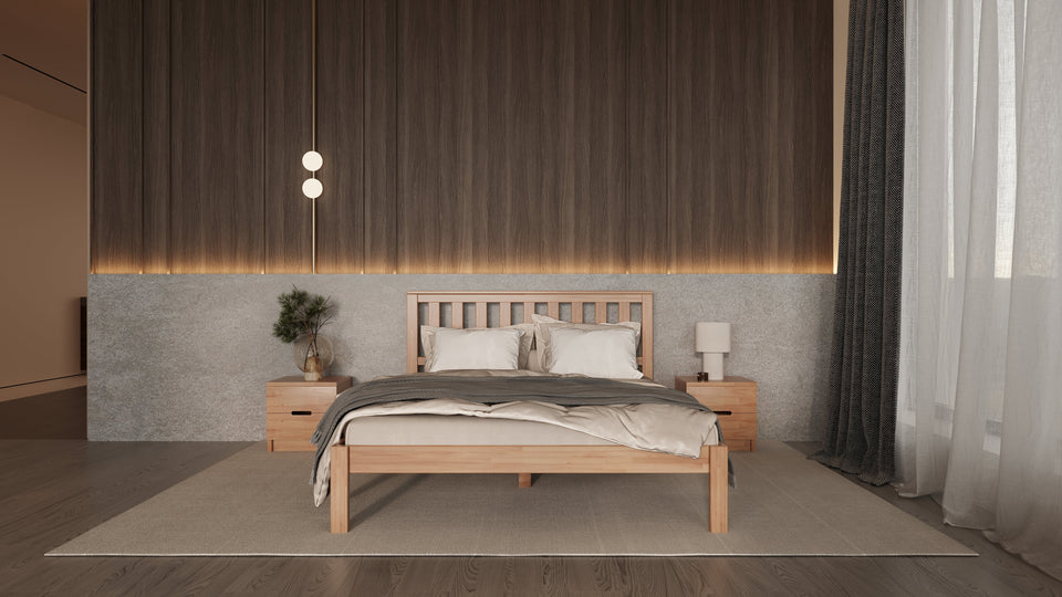 Beech bed with a stylish headboard for restful sleep and timeless design