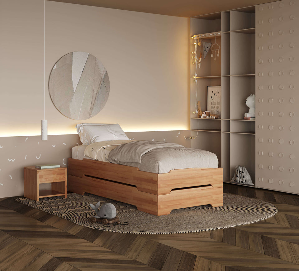 Emily stackable beech bed 90x200 side view in contemporary bedroom interior