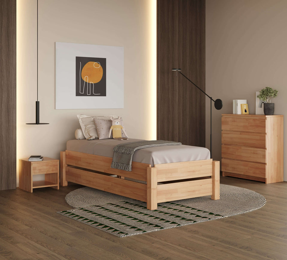 Stella stackable beech bed side view in contemporary bedroom interior