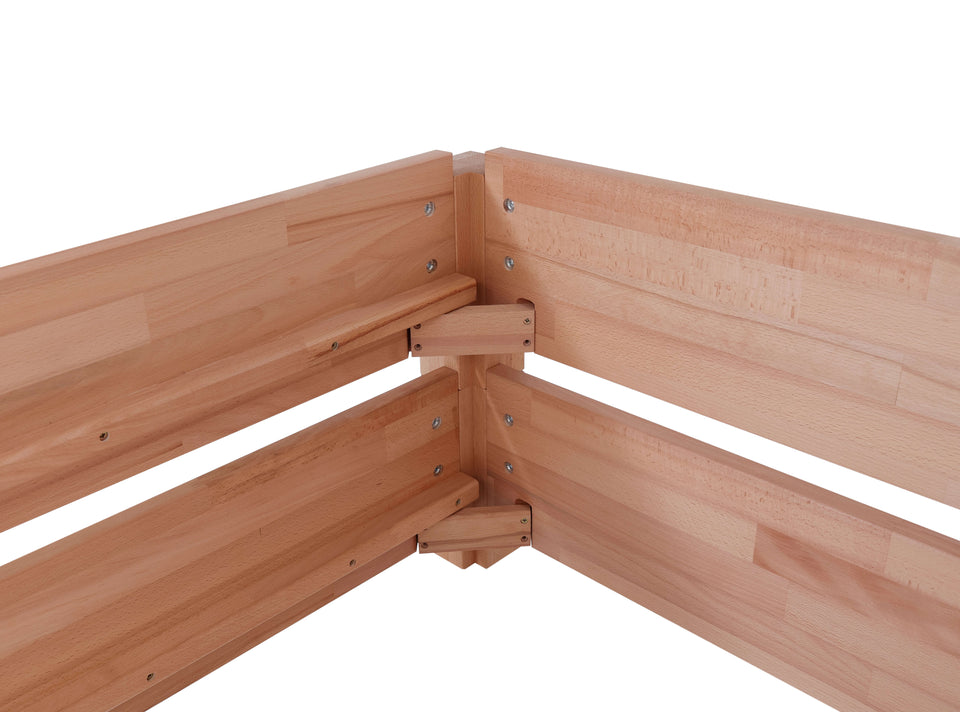 Close up of Stella stackable beech bed corner joint showing solid wood connection