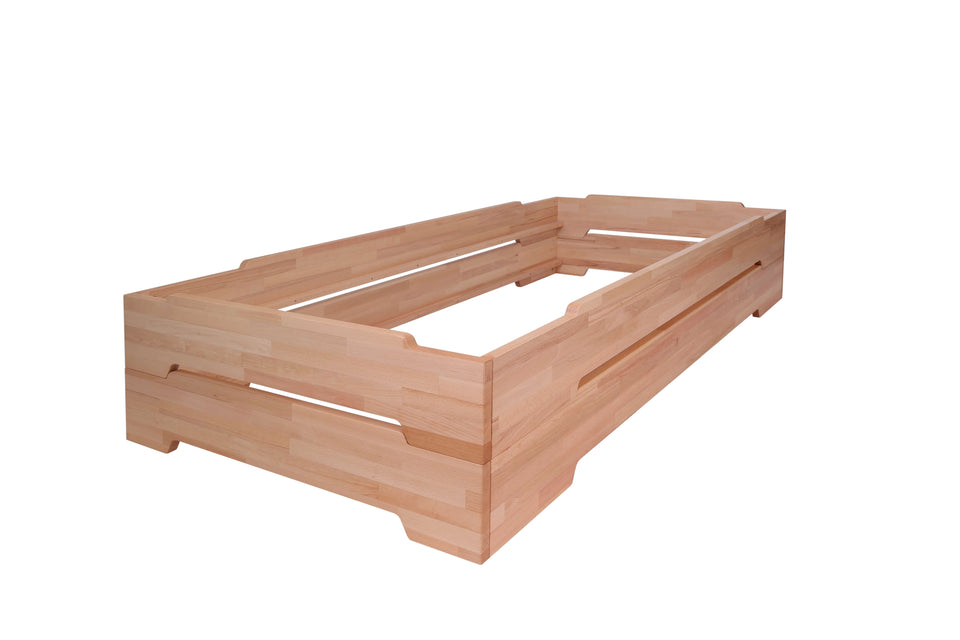 Angled view of Emily stackable solid beech bed frame