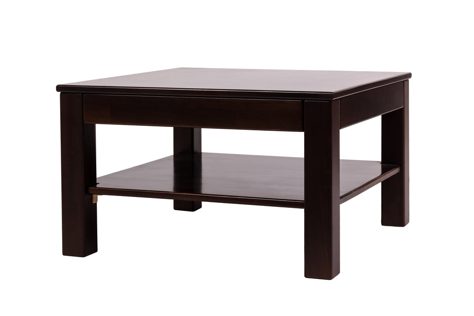 A rectangular solid beech wood coffee table with a dark oak finish and a lower shelf, placed against a white background.