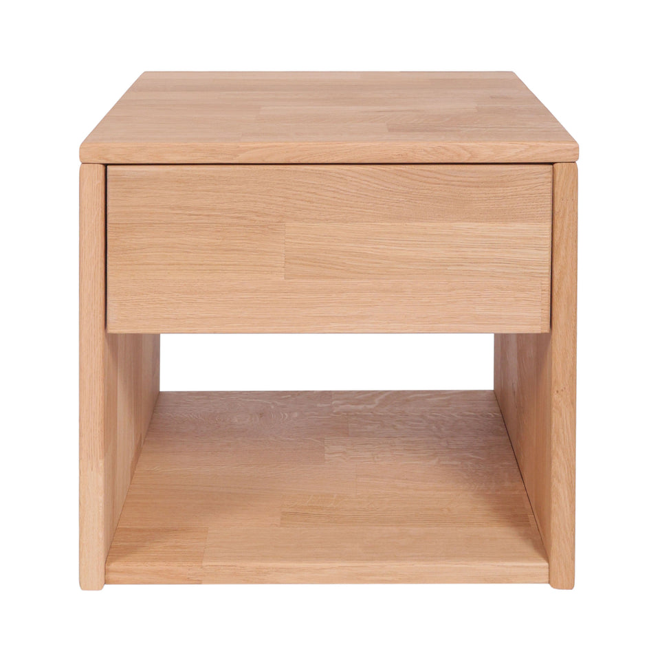 Oak wood nightstand with drawer, front view