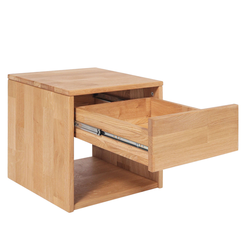 Oak wood bedside table with storage space and drawer