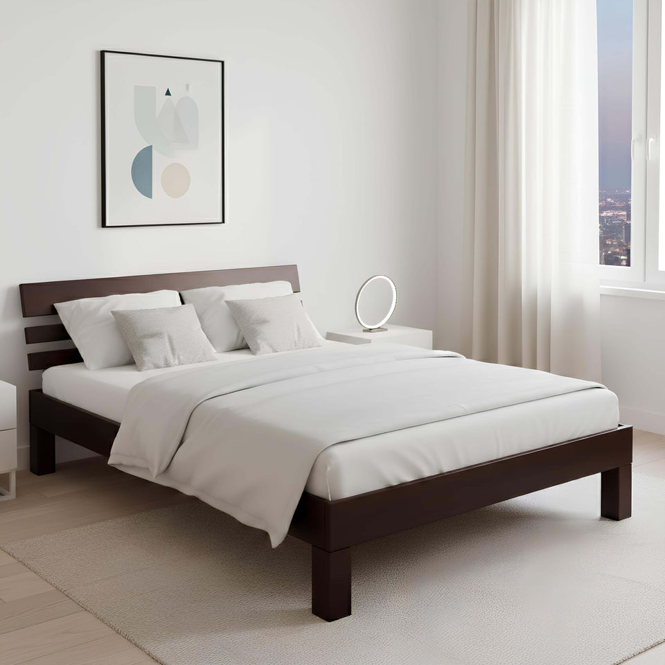 A bed made of solid beech wood, dark lacquered, in a bright, modern bedroom interior