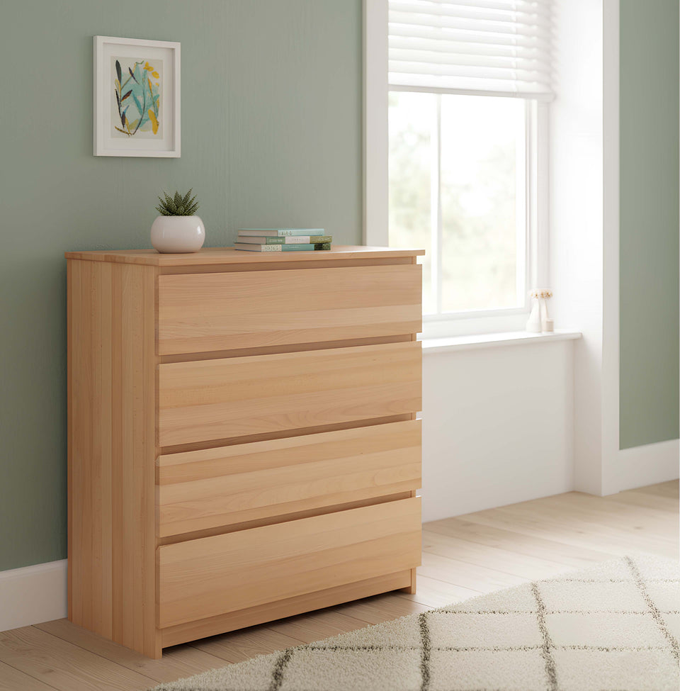 Chest of Drawers with 4 Drawers, Solid Beech Wood, Handle-Free Drawers, Multi-Purpose Cabinet for Hallway, Bedroom, Living Room