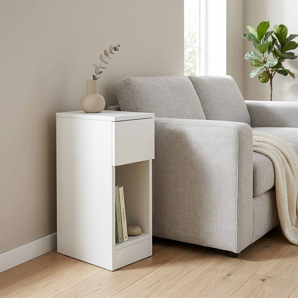 White bedside table in the living room