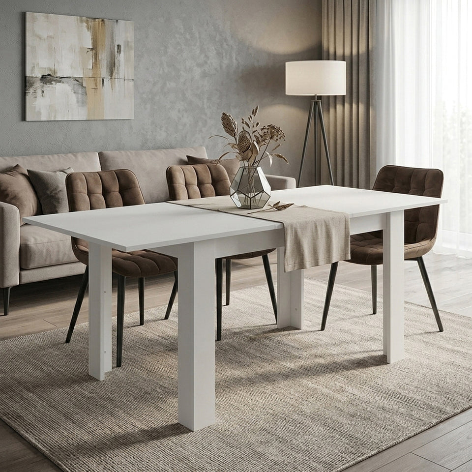 White extendable Lora dining table in a bright living and dining room