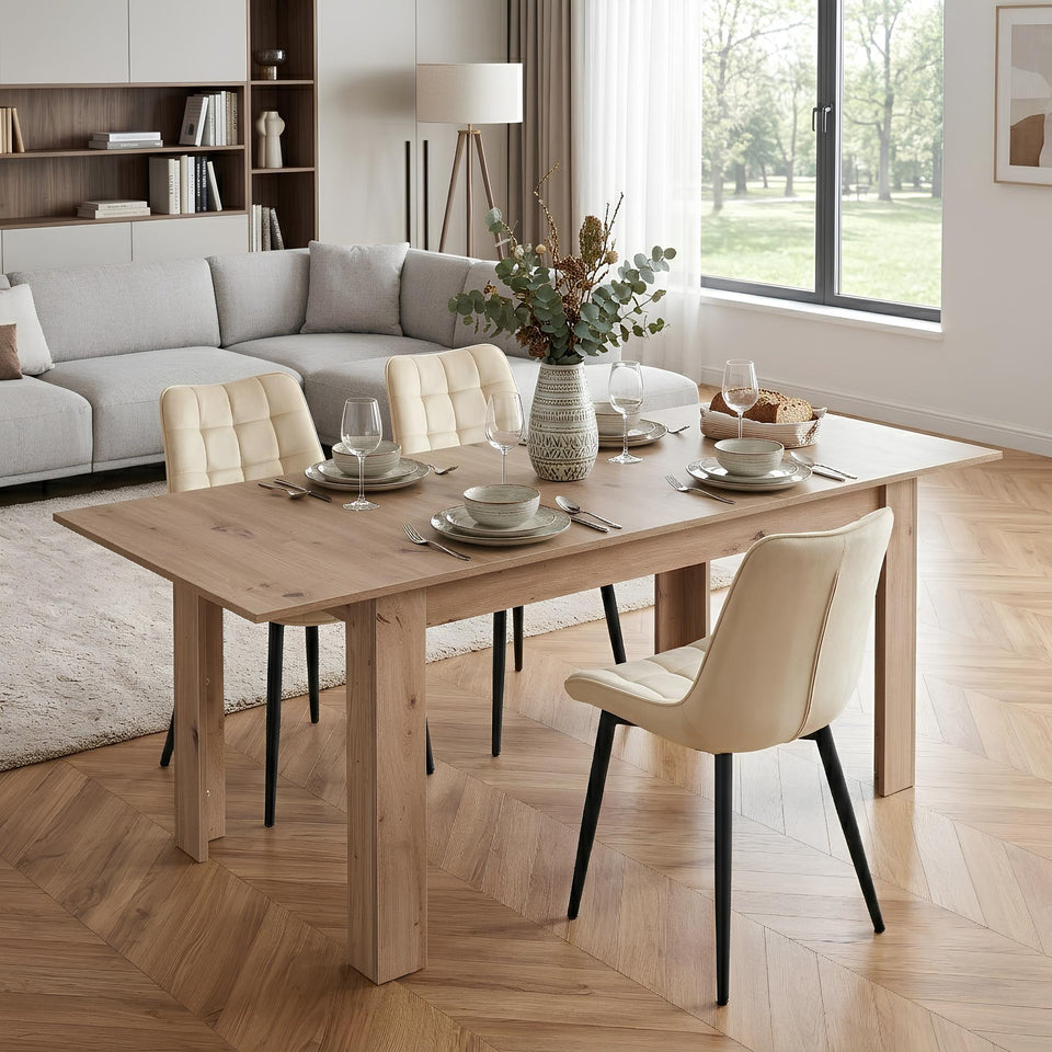 Extendable dining table in Artisan Oak in a modern living room