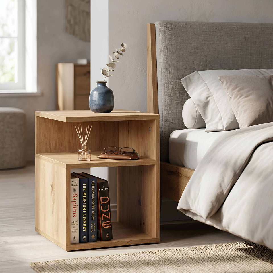LORA Bedside table of laminated chipboard with open compartments