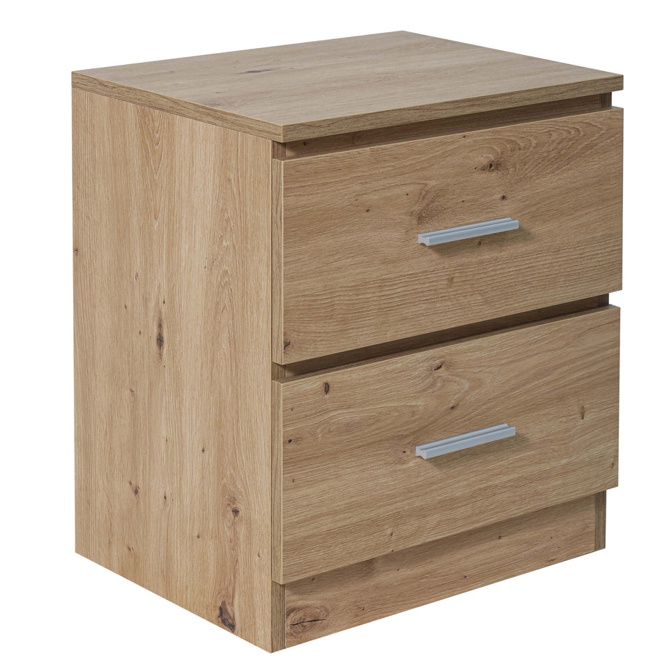 Compact LORA bedside cabinet in wood-effect finish with metal handles