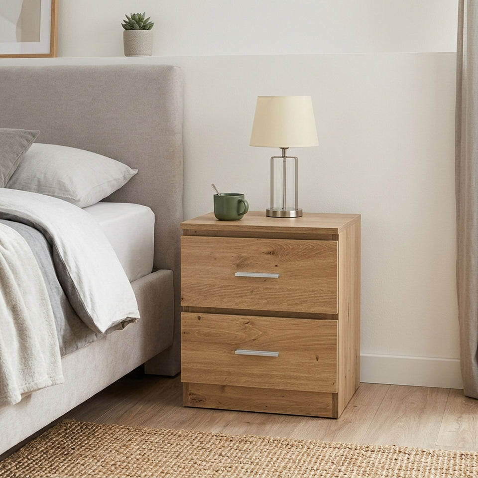 LORA bedside table in Artisan Oak décor with 2 drawers beside the bed