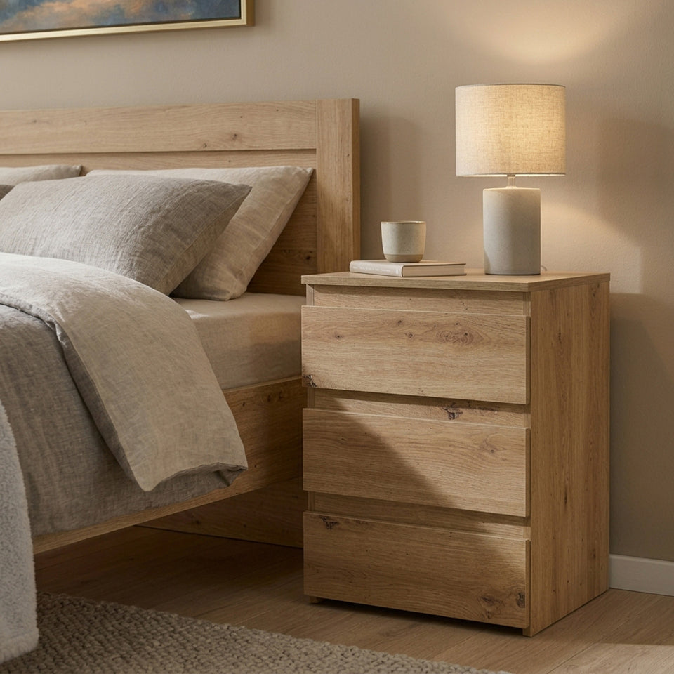 LORA bedside table in Artisan Oak décor with 3 drawers in the bedroom