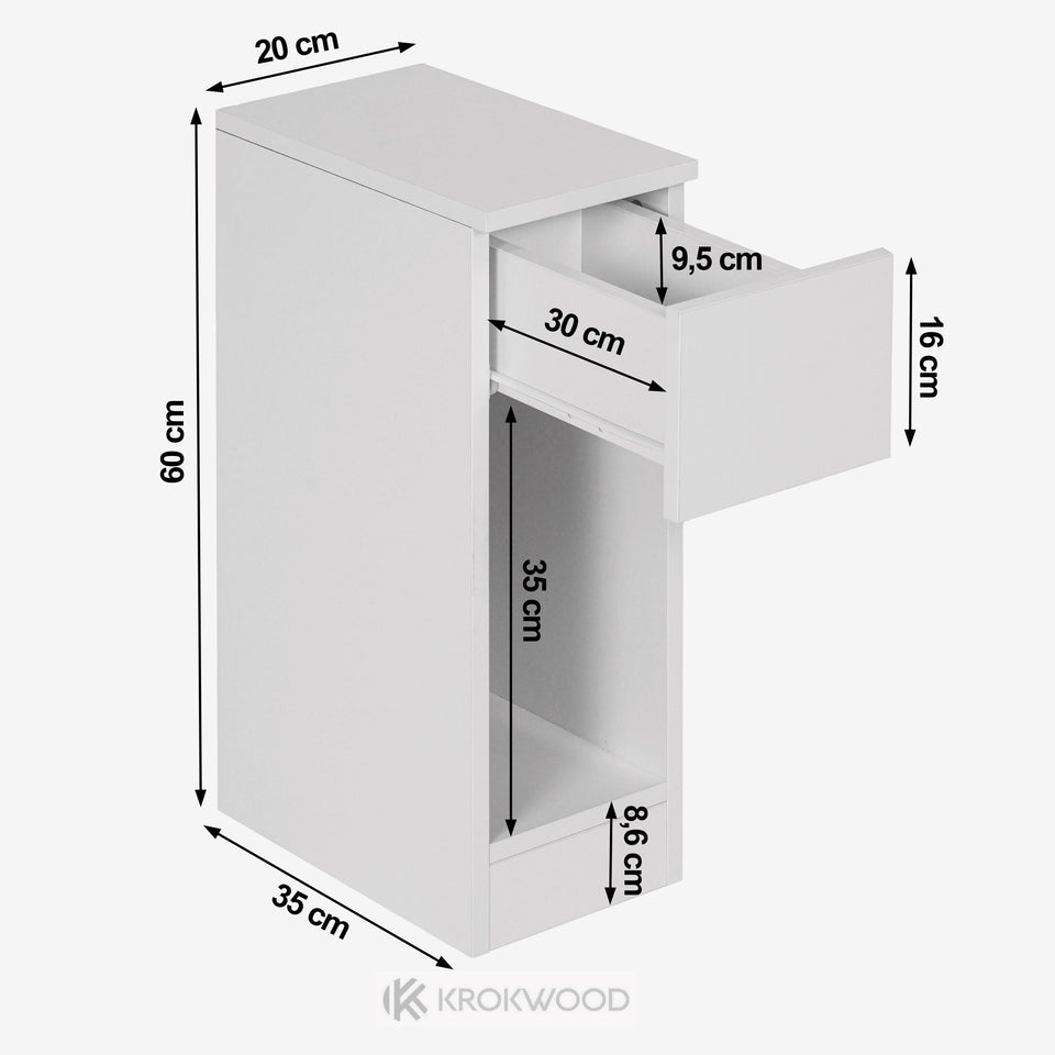 Dimension diagram of the vertical bedside table with drawer
