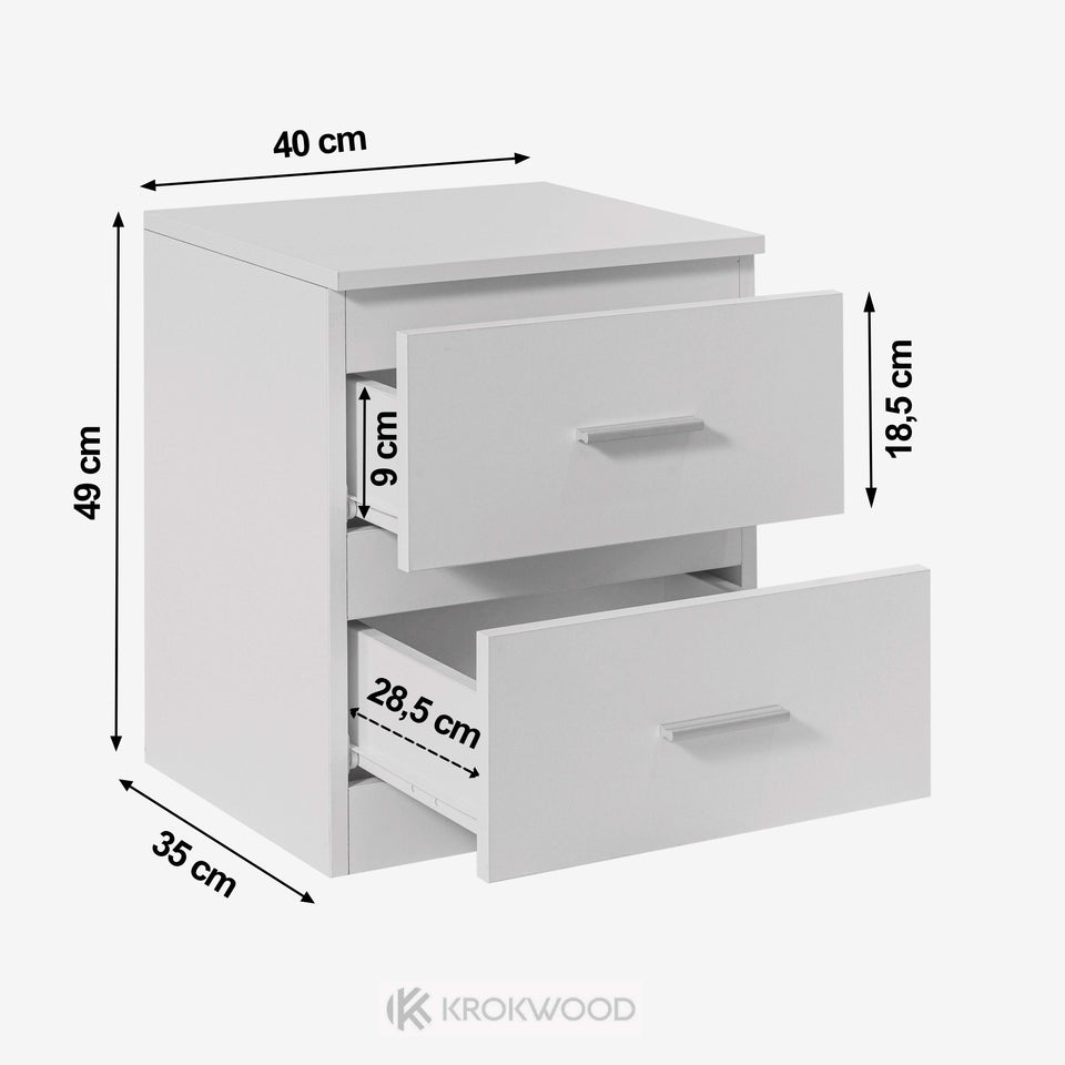 Two-drawer nightstand with dimension annotations showing 