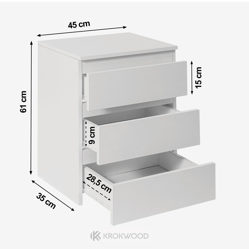 Dimension diagram of the LORA bedside table, 45 x 35 x 61 cm, with 3 drawers