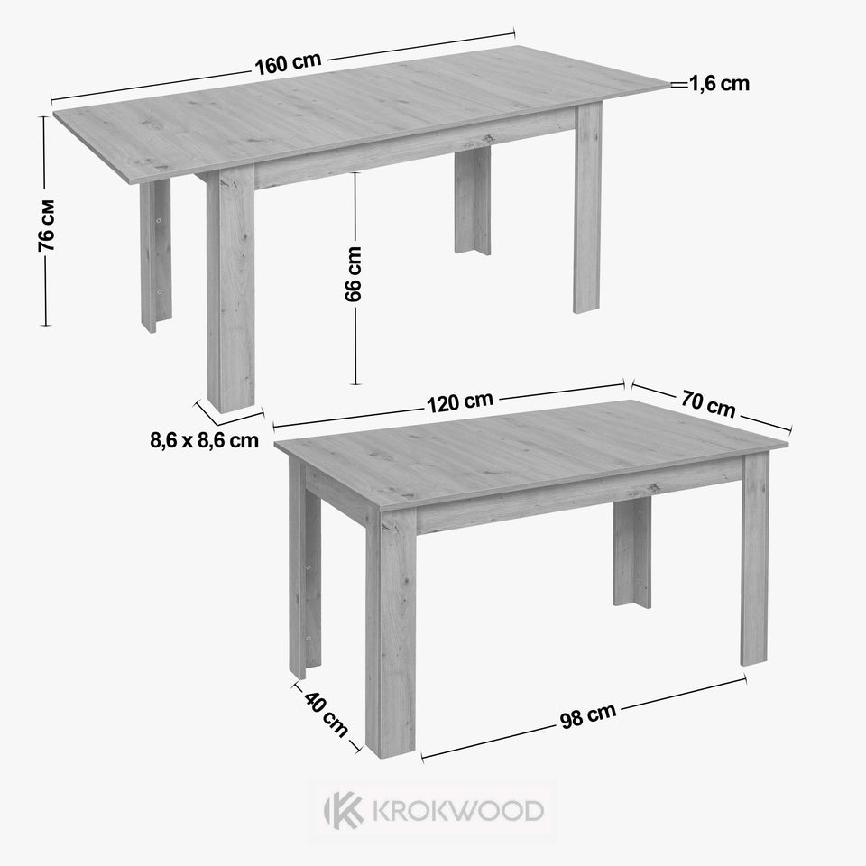 Dimension diagram of the extendable dining table, 120 to 160 x 70 x 76 cm