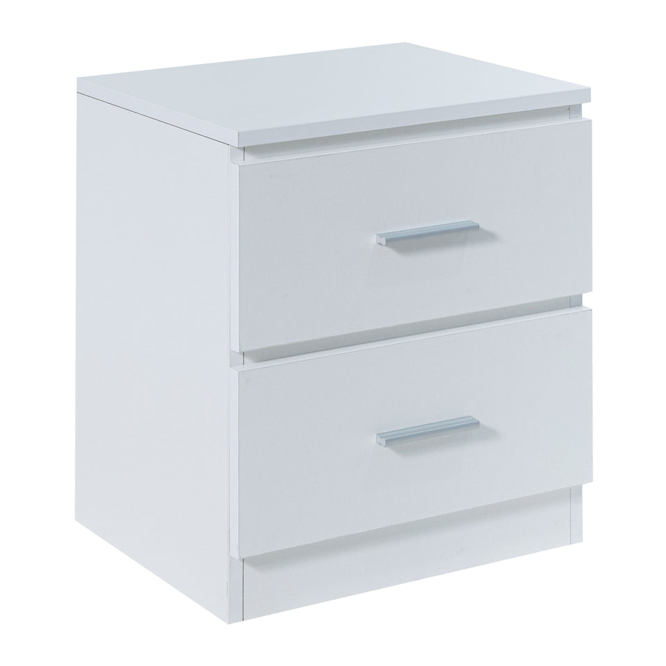 Modern white bedside cabinet made from laminated chipboard
