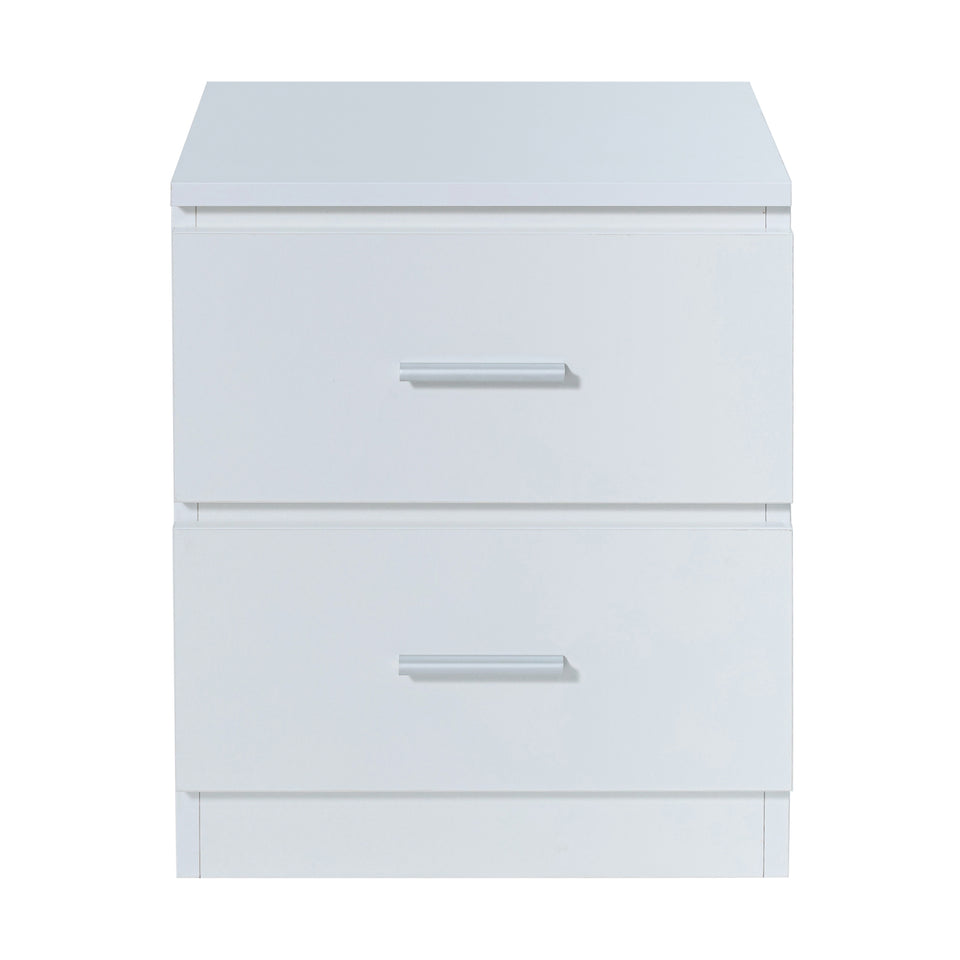 Front view of the white LORA bedside cabinet with metal handles