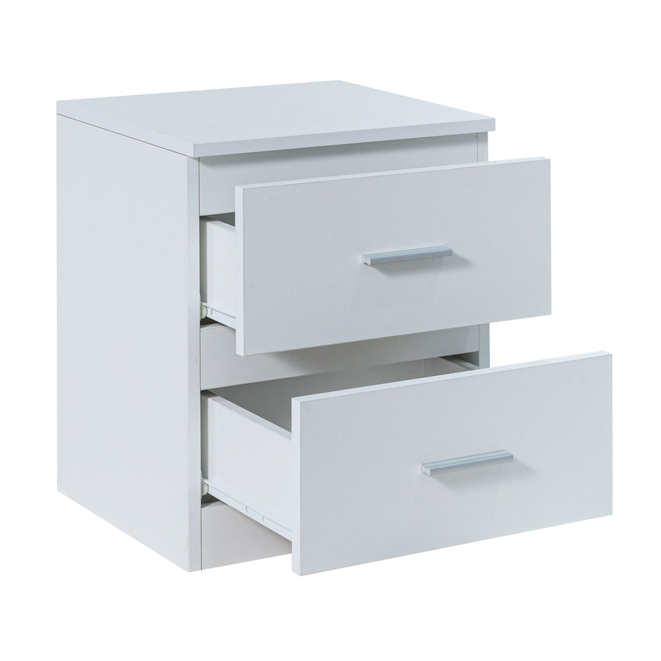 A white two-drawer nightstand or storage cabinet with both front drawers pulled open, shown on a plain white background.