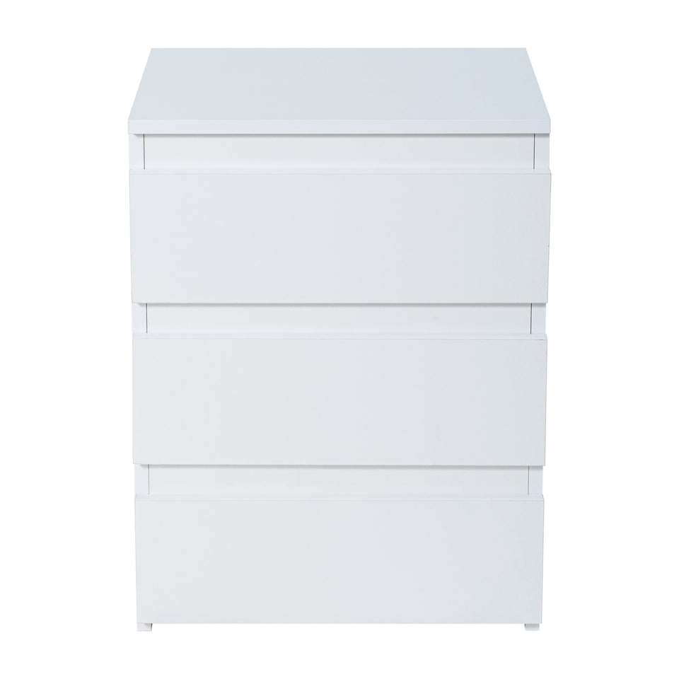 Front view of the white LORA bedside cabinet with 3 drawers