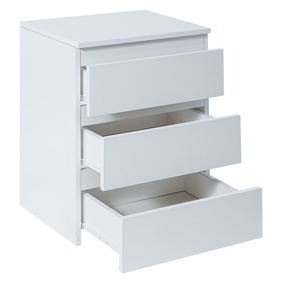 White LORA bedside table with three open drawers