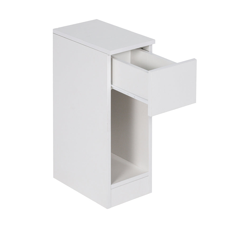 White bedside table with open drawer