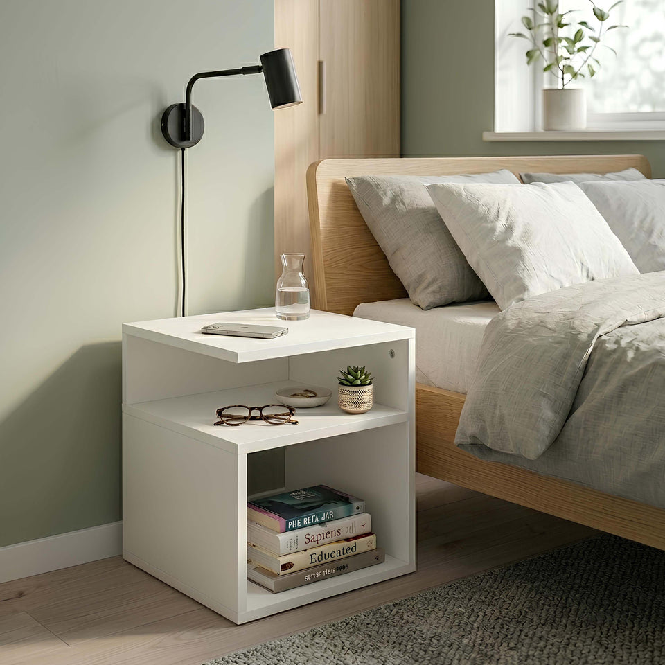 LORA Bedside table of laminated chipboard with open compartments