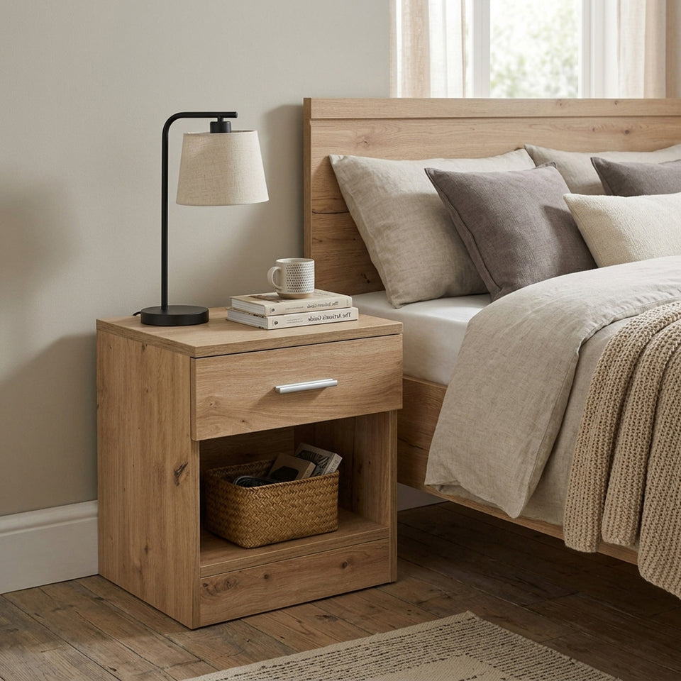LORA Chipboard Bedside Table with Drawer and Open Compartment