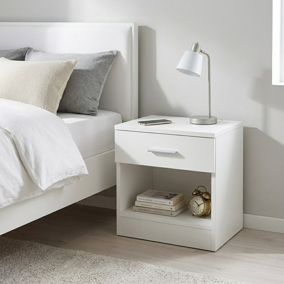 LORA Chipboard Bedside Table with Drawer and Open Compartment