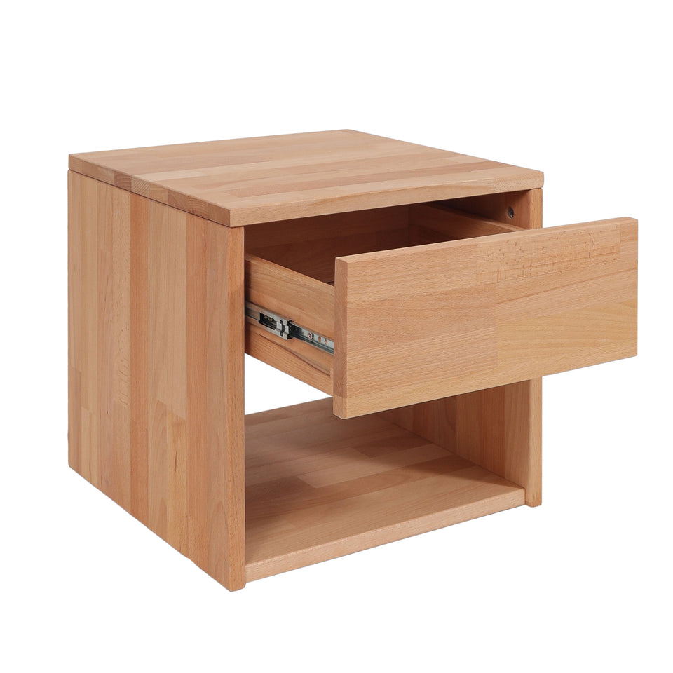 Beech wood bedside table with partially open drawer