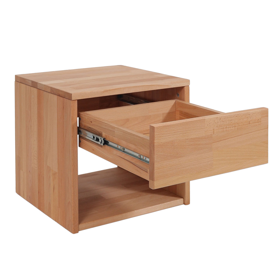 Beech wood bedside table with storage space and drawer