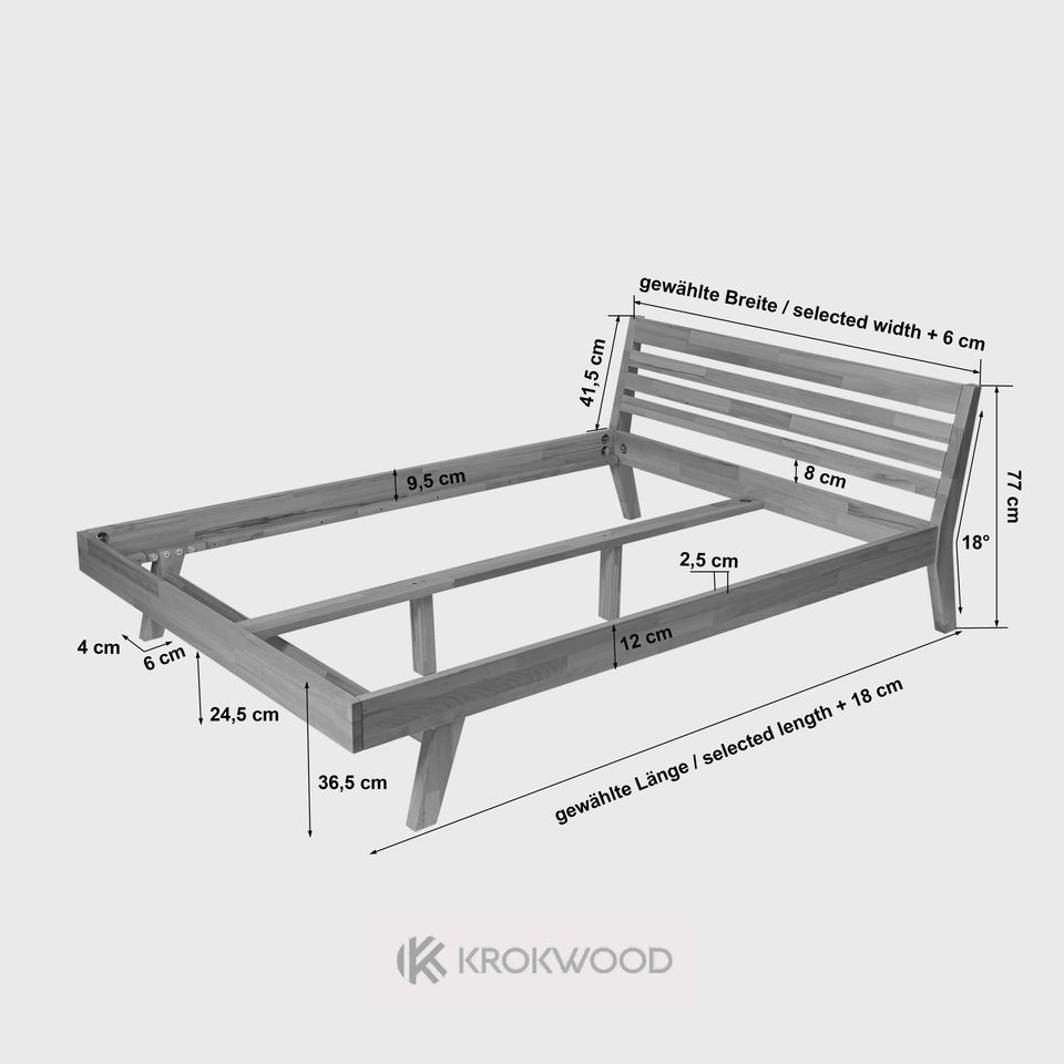 Wooden bed frame with dimensions labeled on a white background, featuring the Krokwood brand.
