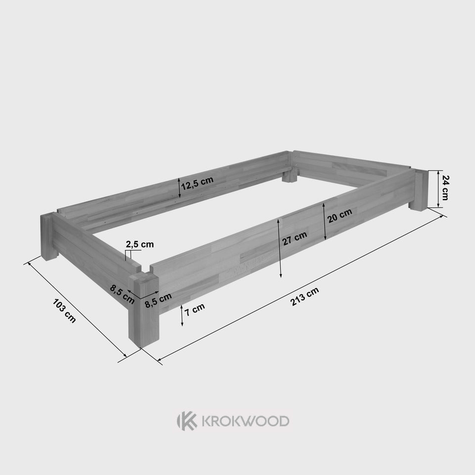 Technical drawing with dimensions of stackable solid beech single bed frame