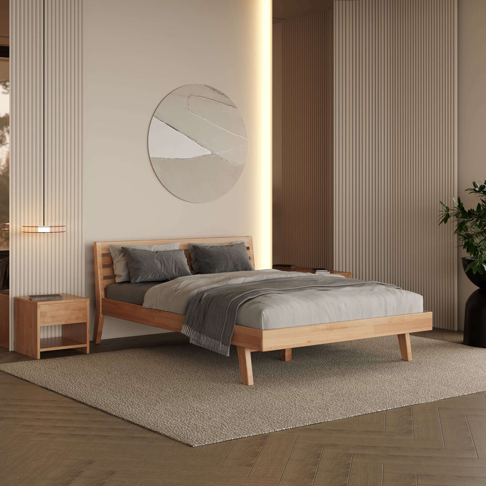 Modern bedroom with wooden bed and nightstands, neutral color scheme.