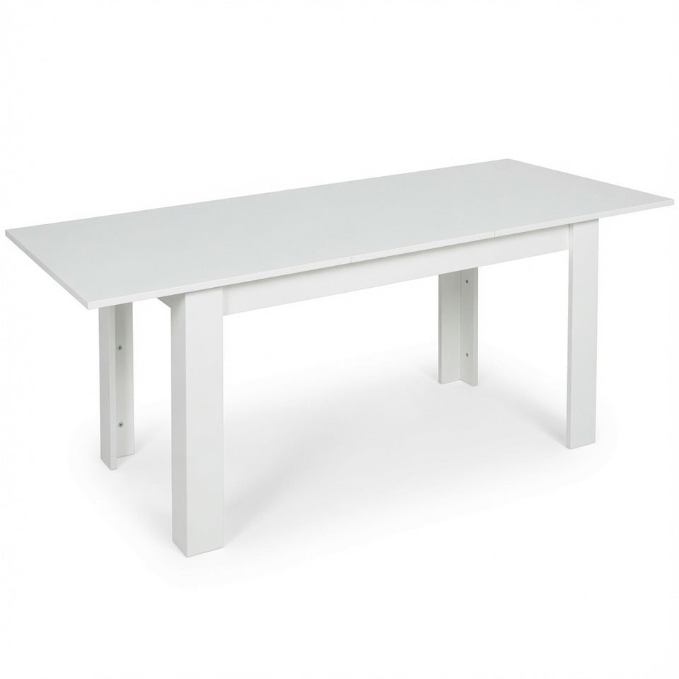 White dining table with clean shape and wide table legs