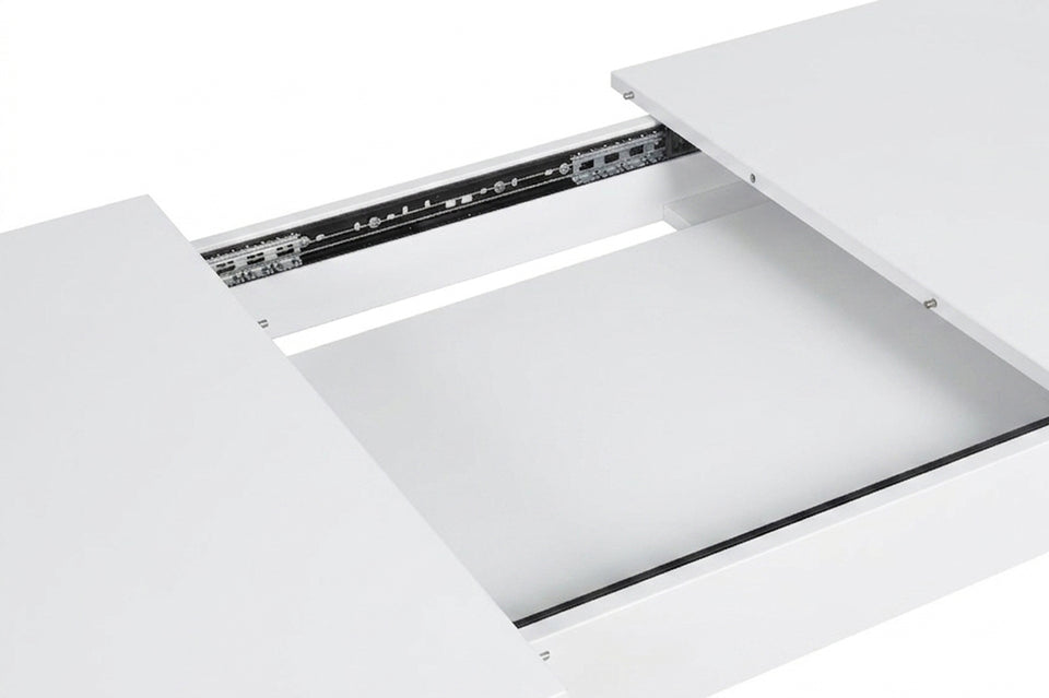 Extension mechanism of the white dining table with extension leaf