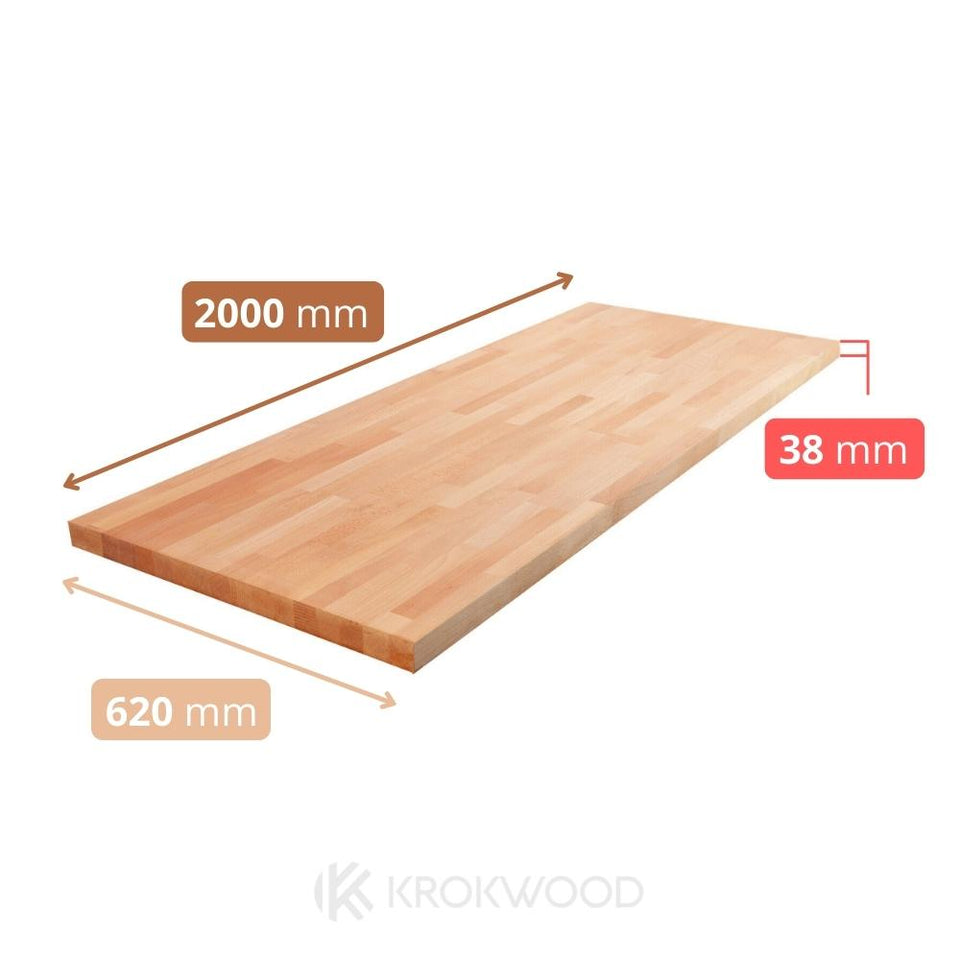 Solid wood top, table top, solid wood worktop in beech 2000x620x38 mm