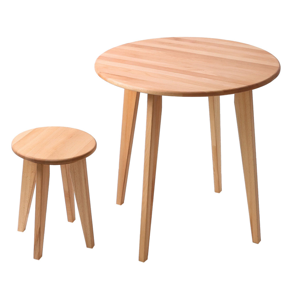 Round wooden table and stool